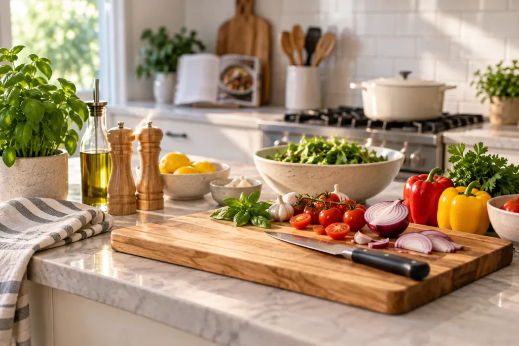 Fresh ingredients prepared on a chopping board in a bright modern kitchen