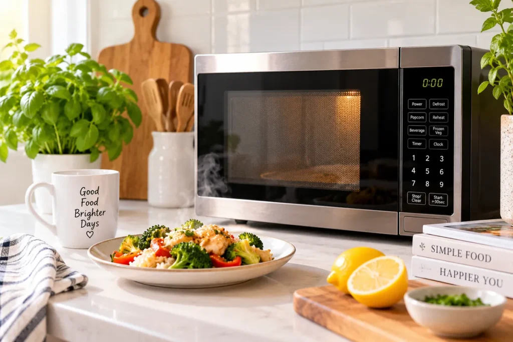 Microwave with freshly prepared food in a bright modern kitchen