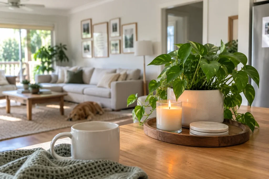 Tidy and organised living room with simple home storage and organisation ideas
