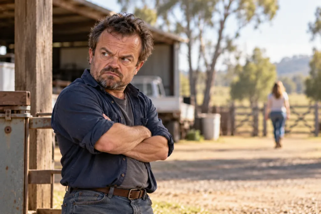 Short, gruff man looking angry while a woman walks away in the distance