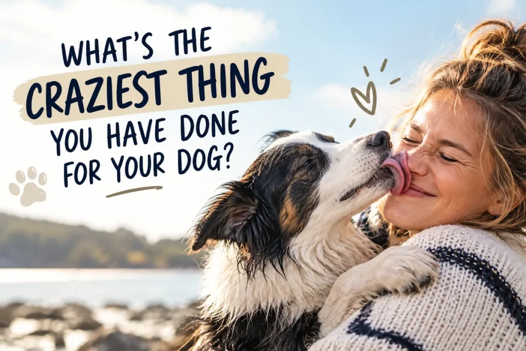 Woman cuddling her dog as it affectionately licks her face, illustrating the crazy things people do for their dogs.