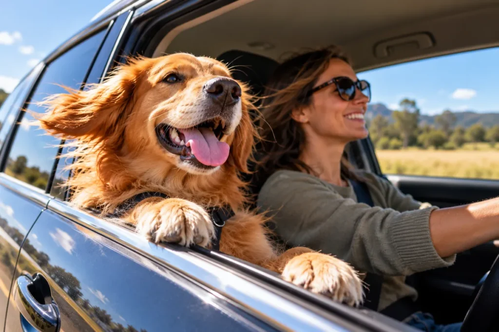 What's the craziest thing you have done for your dog? Happy golden retriever enjoying a car ride with its owner.