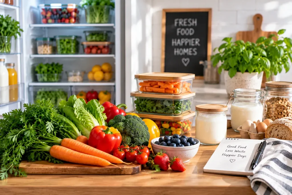 Fresh food and organised food storage containers in a bright kitchen