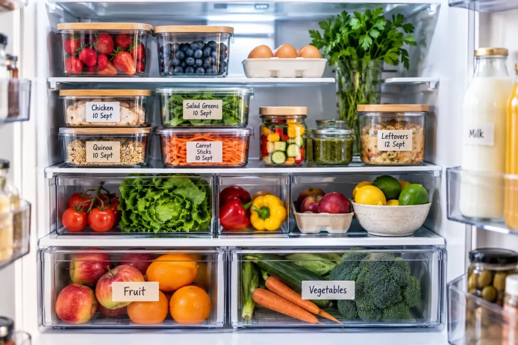 18 Tips to Store Food & Keep It Fresh for Longer Fresh fruit and vegetables organised in refrigerator storage drawers