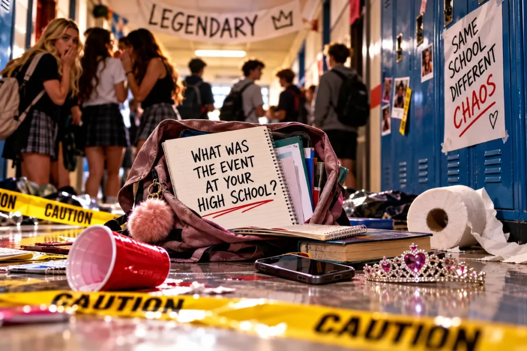 Students gossiping in a chaotic high school hallway after an unforgettable school event.