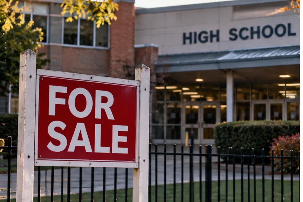 For sale sign outside a high school building.