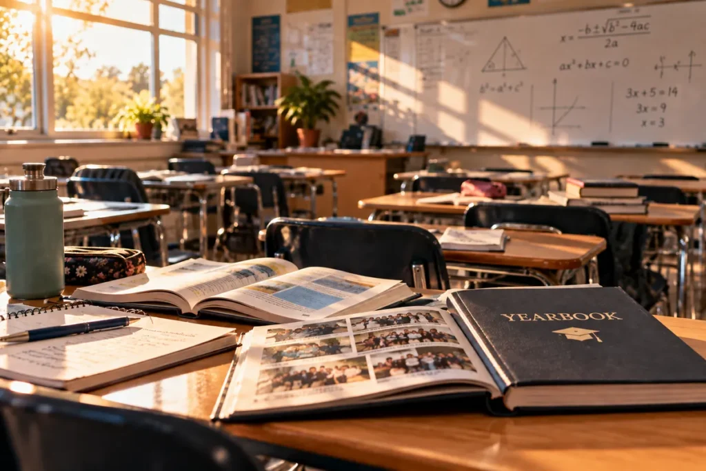 Sunlit high school classroom with open books, a yearbook and maths equations on the whiteboard.