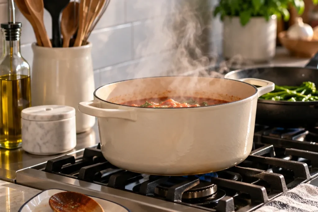 15 Clever Everyday Kitchen Tricks Pot cooking on a stovetop with kitchen utensils ready nearby