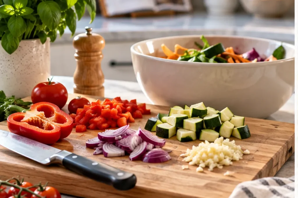15 Clever Everyday Kitchen Tricks Fresh vegetables being prepared on a chopping board in a bright kitchen