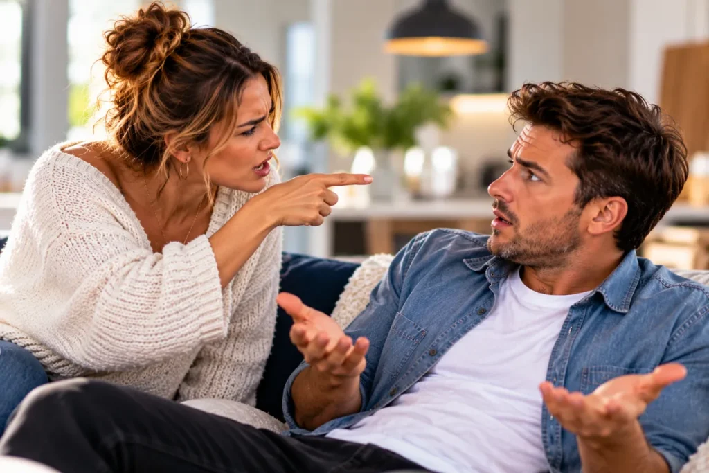 Woman confronting a surprised man during a tense conversation at home.