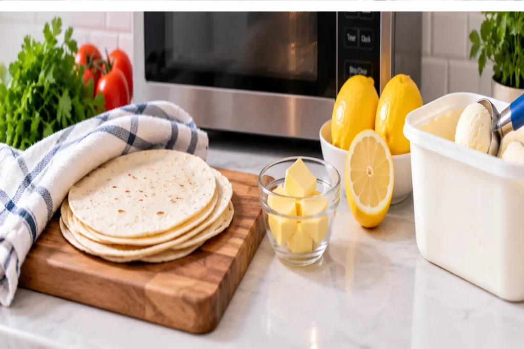 15 Microwave Tricks to Make Life Easier Tortillas butter lemons and ice cream prepared beside a microwave