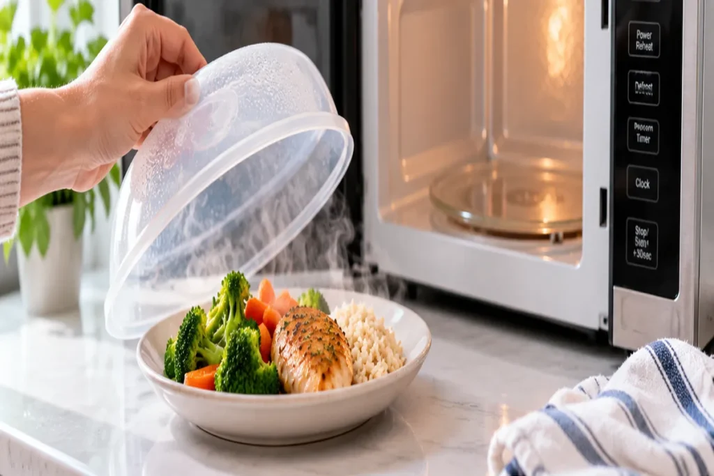 15 Microwave Tricks to Make Life Easier Covered plate of food being reheated beside a microwave