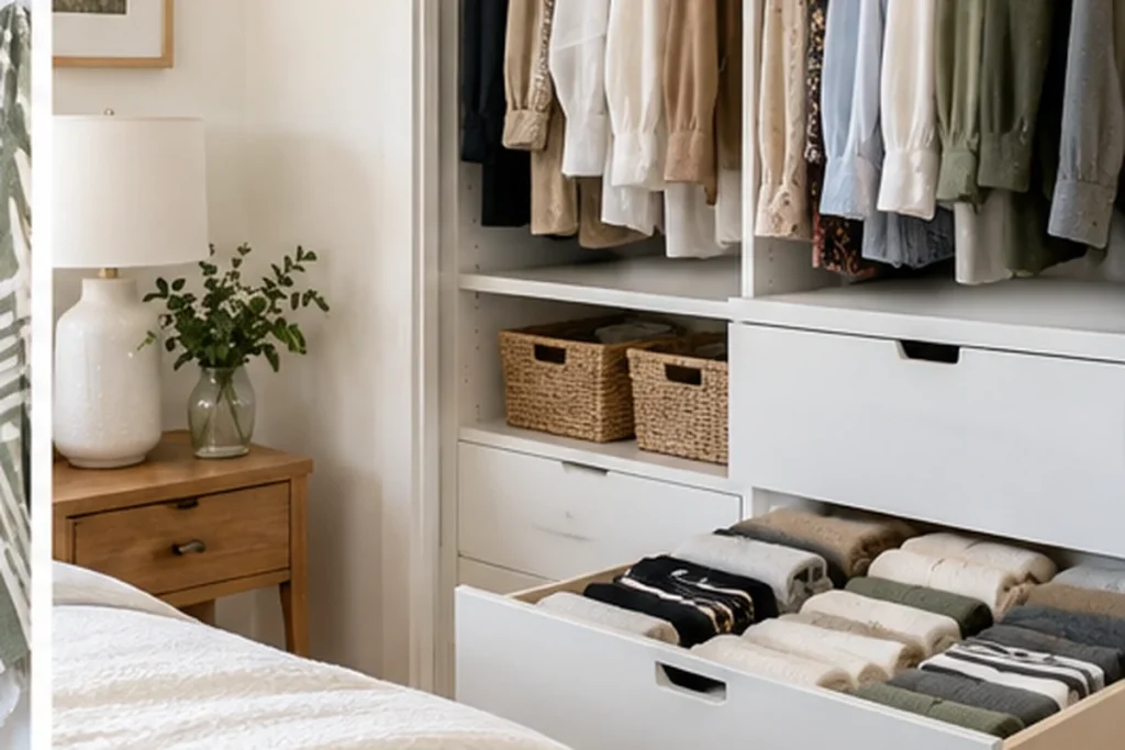Life Hacks for an Organised House Tidy bedroom wardrobe with organised clothing and storage