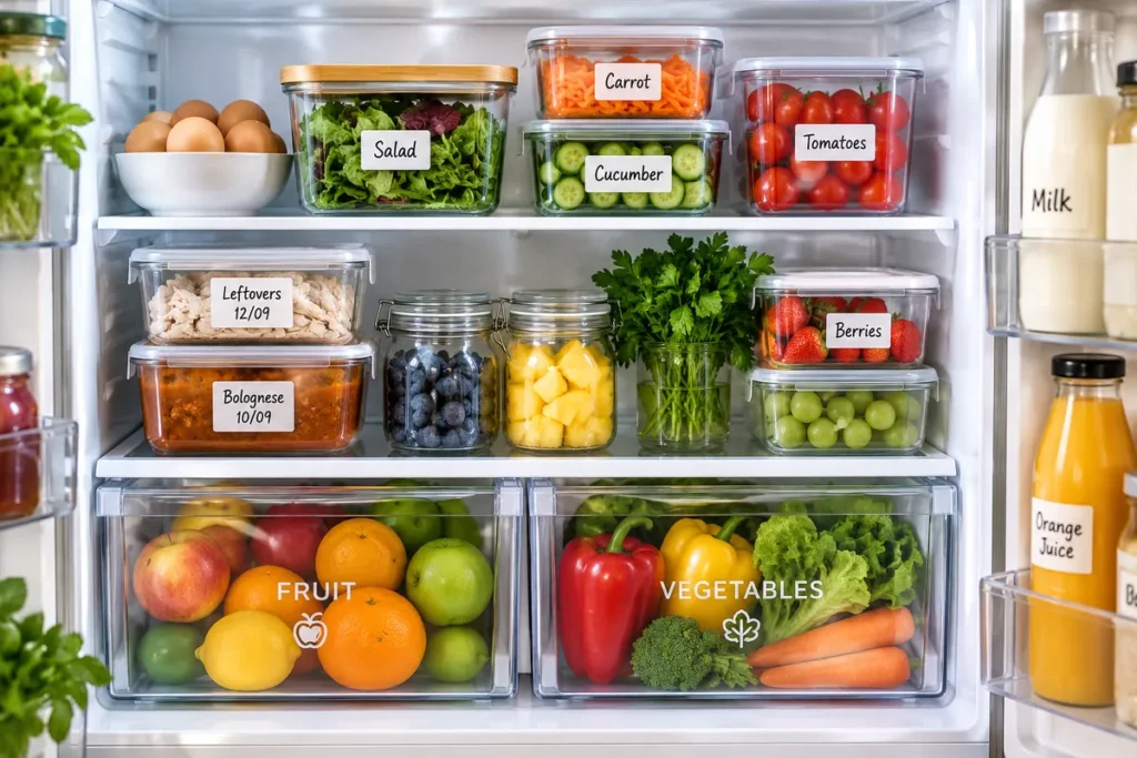 18 Tips to Store Food & Keep It Fresh for Longer Organised refrigerator with fresh food and labelled storage containers