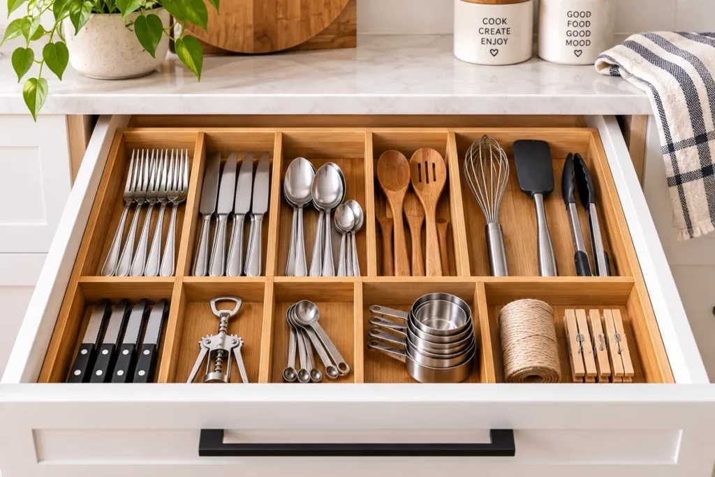 15 Tips for a Clean & Organised Kitchen Organised kitchen drawer with utensils separated into storage compartments