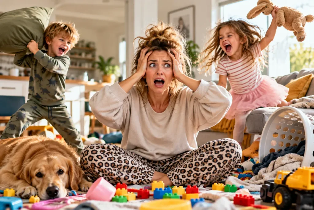 Overwhelmed mum surrounded by two energetic children, toys and household chaos.