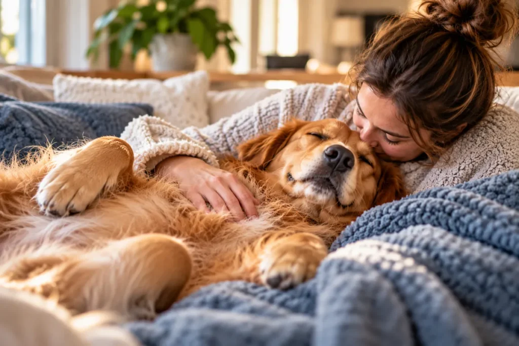 What's the craziest thing you have done for your dog? Golden retriever being cuddled and spoiled by its owner at home.