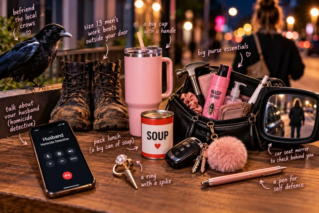 Unusual safety hacks for women including work boots, a large handbag, car mirror and everyday items.