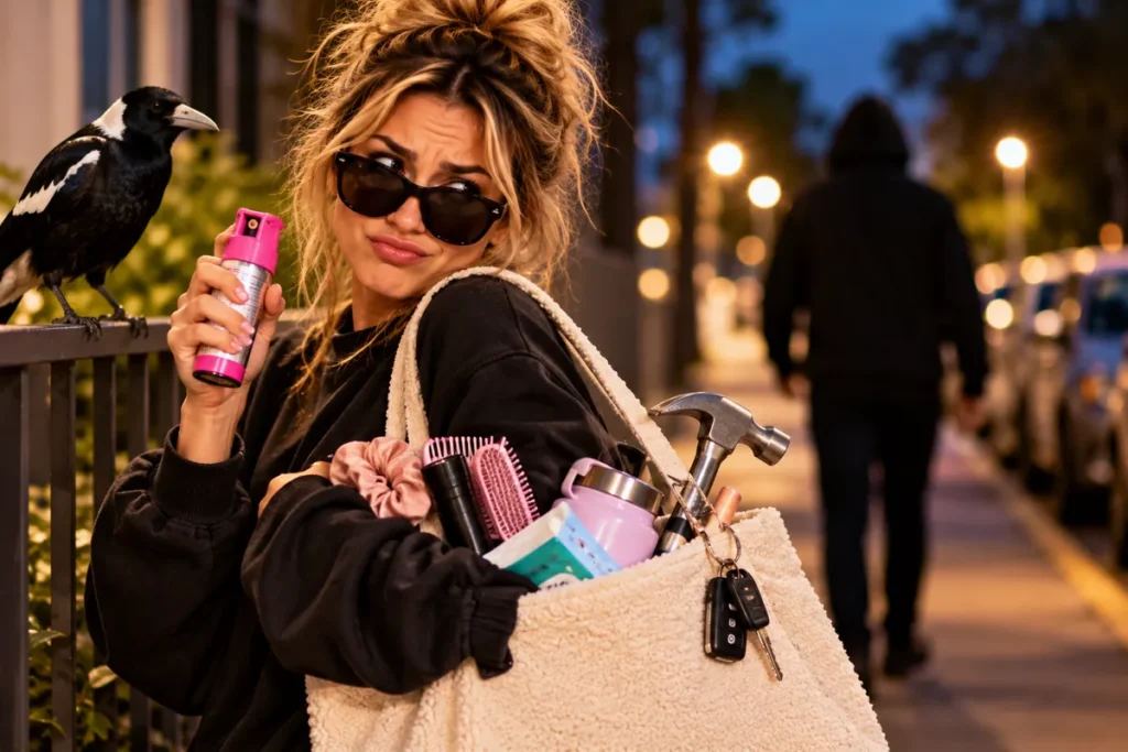 Woman carrying an assortment of unusual safety items while walking alone at night.